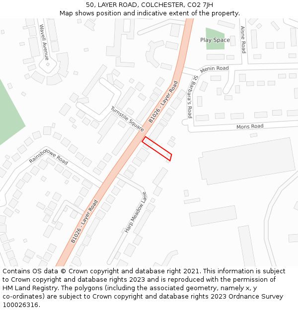 50, LAYER ROAD, COLCHESTER, CO2 7JH: Location map and indicative extent of plot