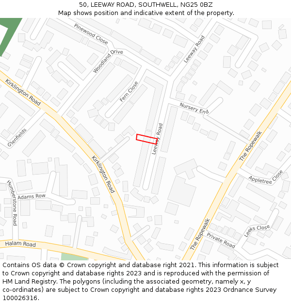 50, LEEWAY ROAD, SOUTHWELL, NG25 0BZ: Location map and indicative extent of plot