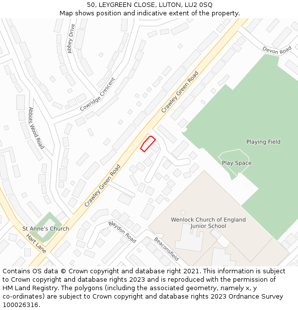 50, LEYGREEN CLOSE, LUTON, LU2 0SQ: Location map and indicative extent of plot