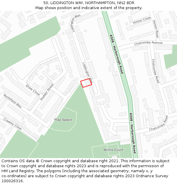 50, LIDDINGTON WAY, NORTHAMPTON, NN2 8DR: Location map and indicative extent of plot