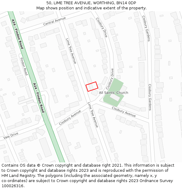 50, LIME TREE AVENUE, WORTHING, BN14 0DP: Location map and indicative extent of plot