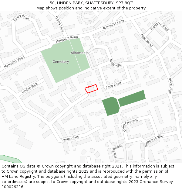 50, LINDEN PARK, SHAFTESBURY, SP7 8QZ: Location map and indicative extent of plot