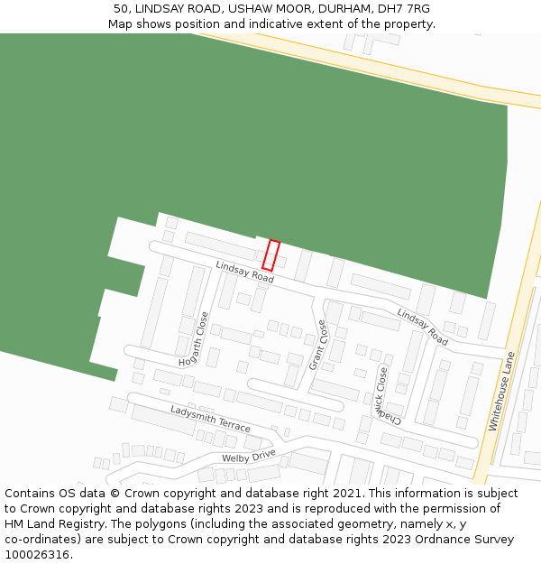 50, LINDSAY ROAD, USHAW MOOR, DURHAM, DH7 7RG: Location map and indicative extent of plot