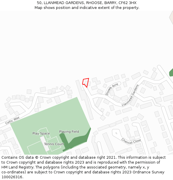 50, LLANMEAD GARDENS, RHOOSE, BARRY, CF62 3HX: Location map and indicative extent of plot