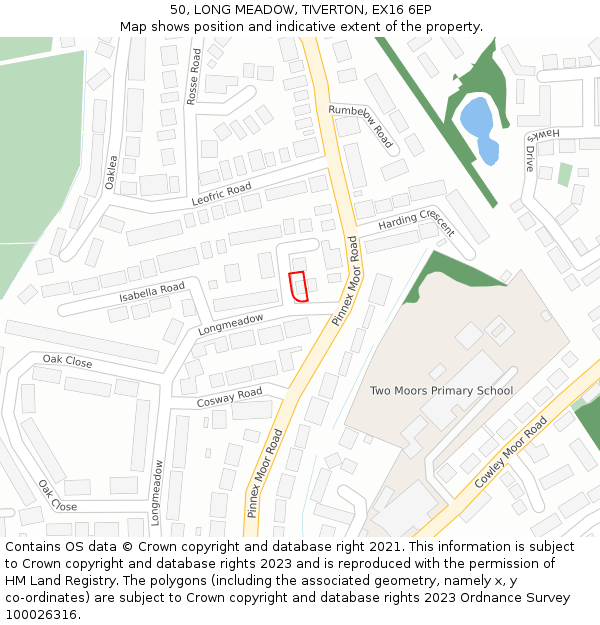 50, LONG MEADOW, TIVERTON, EX16 6EP: Location map and indicative extent of plot