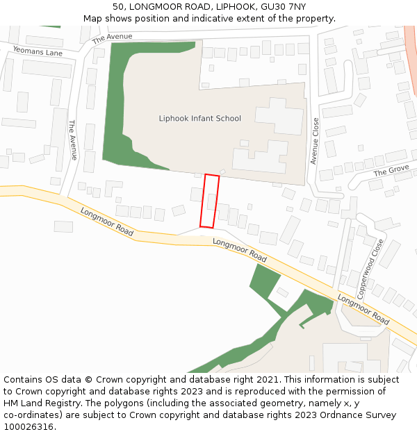 50, LONGMOOR ROAD, LIPHOOK, GU30 7NY: Location map and indicative extent of plot