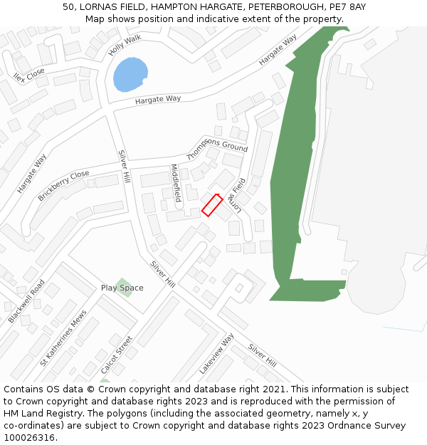 50, LORNAS FIELD, HAMPTON HARGATE, PETERBOROUGH, PE7 8AY: Location map and indicative extent of plot