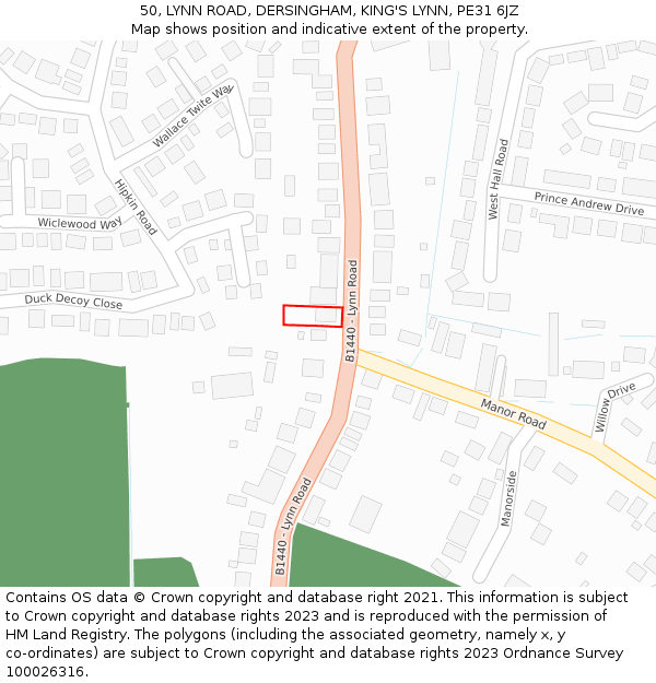 50, LYNN ROAD, DERSINGHAM, KING'S LYNN, PE31 6JZ: Location map and indicative extent of plot