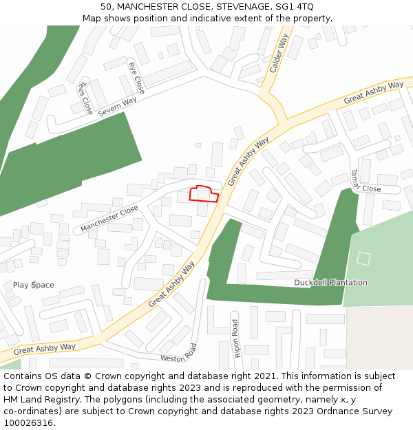 50, MANCHESTER CLOSE, STEVENAGE, SG1 4TQ: Location map and indicative extent of plot