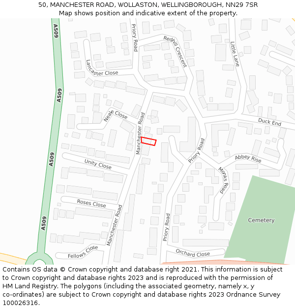 50, MANCHESTER ROAD, WOLLASTON, WELLINGBOROUGH, NN29 7SR: Location map and indicative extent of plot