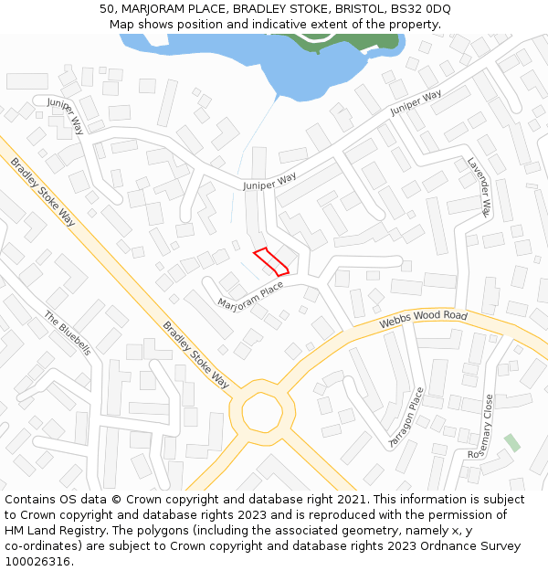 50, MARJORAM PLACE, BRADLEY STOKE, BRISTOL, BS32 0DQ: Location map and indicative extent of plot