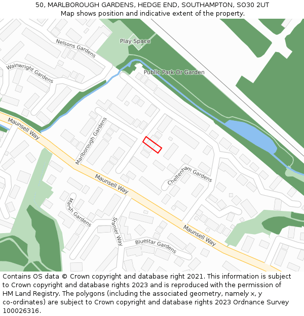 50, MARLBOROUGH GARDENS, HEDGE END, SOUTHAMPTON, SO30 2UT: Location map and indicative extent of plot