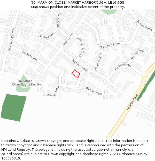 50, MARMION CLOSE, MARKET HARBOROUGH, LE16 9GS: Location map and indicative extent of plot