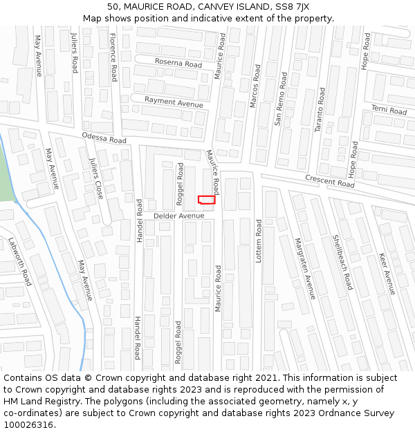 50, MAURICE ROAD, CANVEY ISLAND, SS8 7JX: Location map and indicative extent of plot