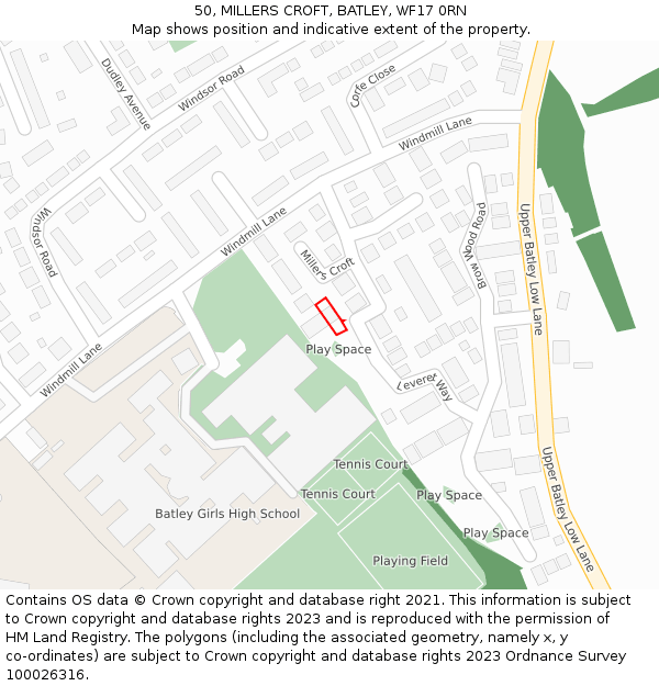 50, MILLERS CROFT, BATLEY, WF17 0RN: Location map and indicative extent of plot