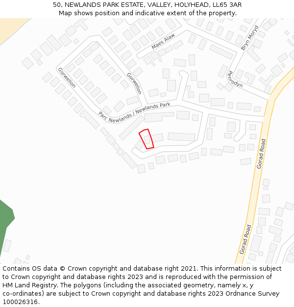 50, NEWLANDS PARK ESTATE, VALLEY, HOLYHEAD, LL65 3AR: Location map and indicative extent of plot