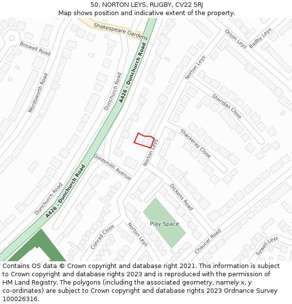 50, NORTON LEYS, RUGBY, CV22 5RJ: Location map and indicative extent of plot