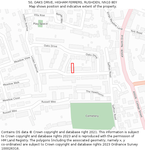 50, OAKS DRIVE, HIGHAM FERRERS, RUSHDEN, NN10 8EY: Location map and indicative extent of plot