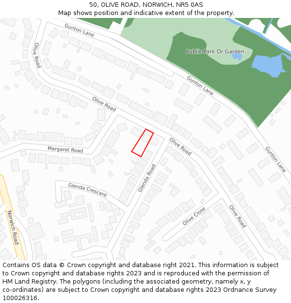 50, OLIVE ROAD, NORWICH, NR5 0AS: Location map and indicative extent of plot