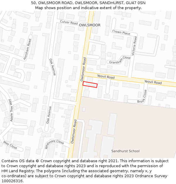 50, OWLSMOOR ROAD, OWLSMOOR, SANDHURST, GU47 0SN: Location map and indicative extent of plot