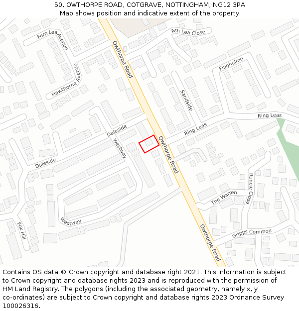 50, OWTHORPE ROAD, COTGRAVE, NOTTINGHAM, NG12 3PA: Location map and indicative extent of plot