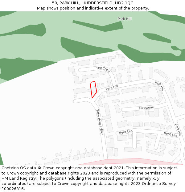50, PARK HILL, HUDDERSFIELD, HD2 1QG: Location map and indicative extent of plot