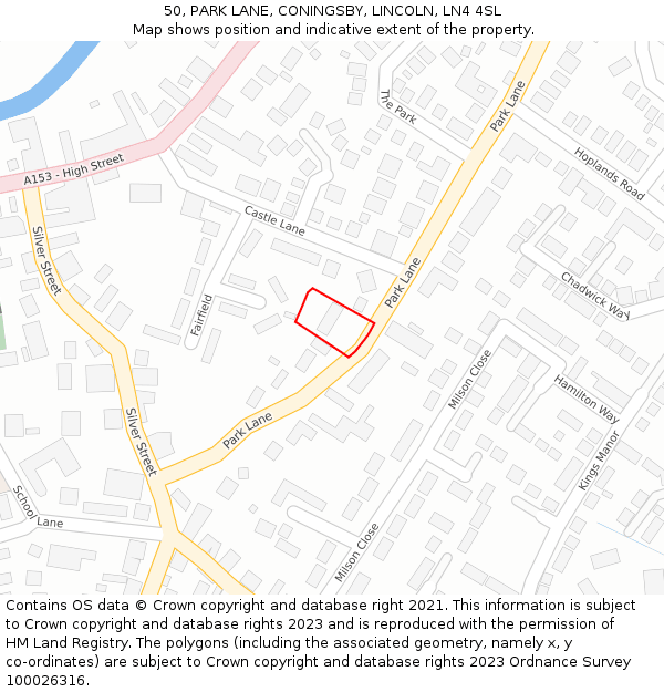 50, PARK LANE, CONINGSBY, LINCOLN, LN4 4SL: Location map and indicative extent of plot