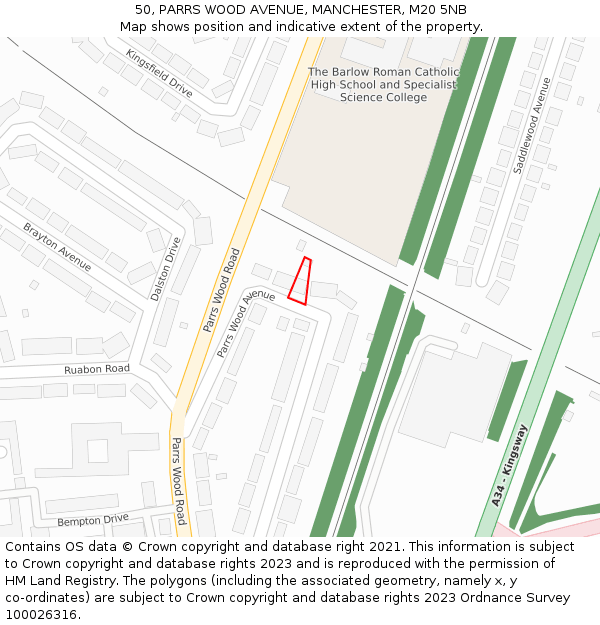 50, PARRS WOOD AVENUE, MANCHESTER, M20 5NB: Location map and indicative extent of plot