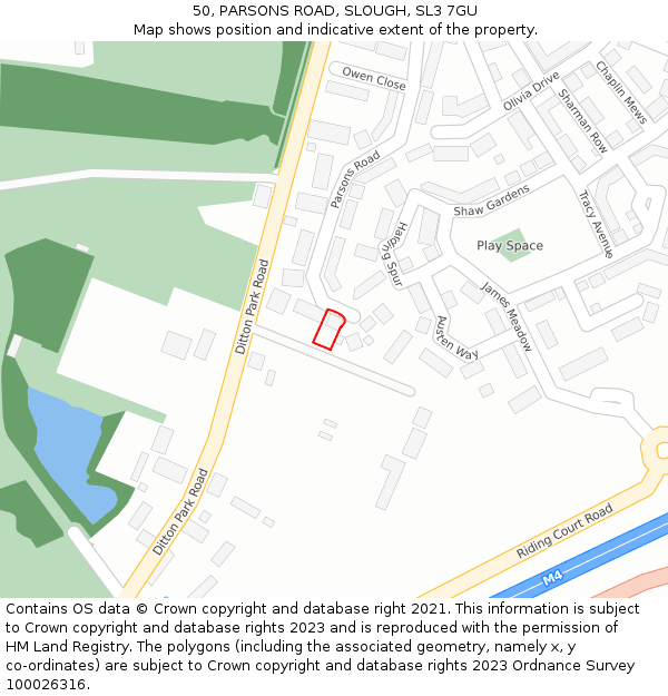 50, PARSONS ROAD, SLOUGH, SL3 7GU: Location map and indicative extent of plot