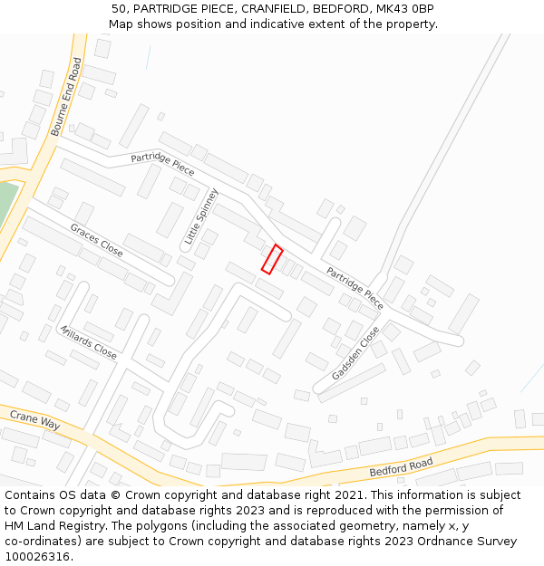 50, PARTRIDGE PIECE, CRANFIELD, BEDFORD, MK43 0BP: Location map and indicative extent of plot