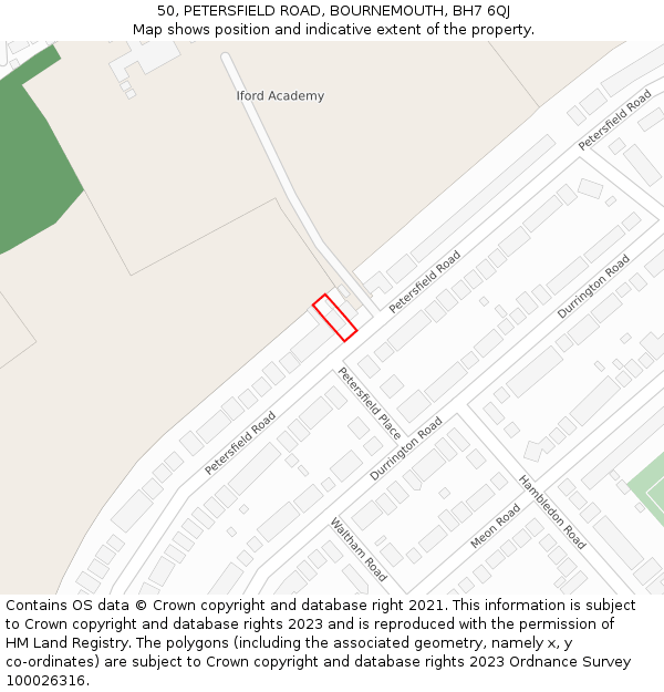 50, PETERSFIELD ROAD, BOURNEMOUTH, BH7 6QJ: Location map and indicative extent of plot