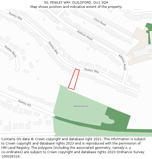 50, PEWLEY WAY, GUILDFORD, GU1 3QA: Location map and indicative extent of plot