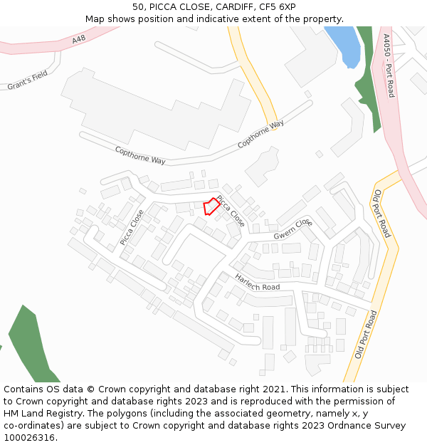 50, PICCA CLOSE, CARDIFF, CF5 6XP: Location map and indicative extent of plot
