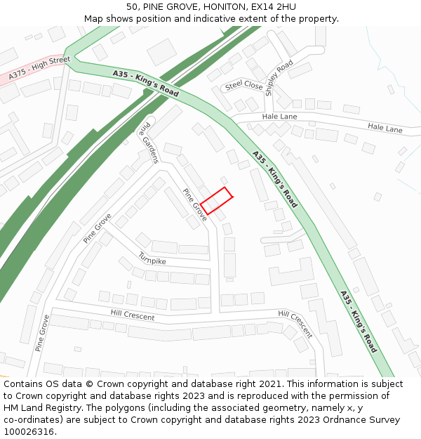 50, PINE GROVE, HONITON, EX14 2HU: Location map and indicative extent of plot