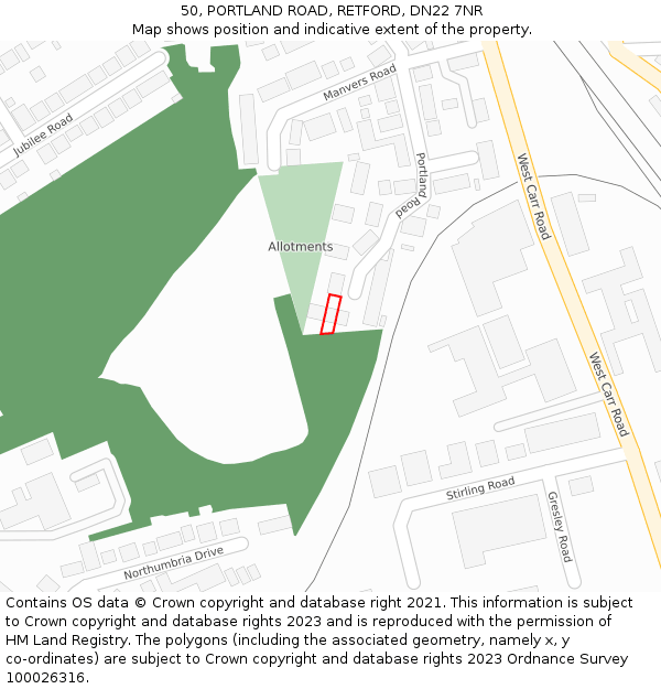 50, PORTLAND ROAD, RETFORD, DN22 7NR: Location map and indicative extent of plot