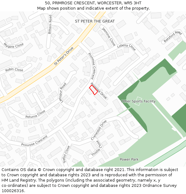 50, PRIMROSE CRESCENT, WORCESTER, WR5 3HT: Location map and indicative extent of plot