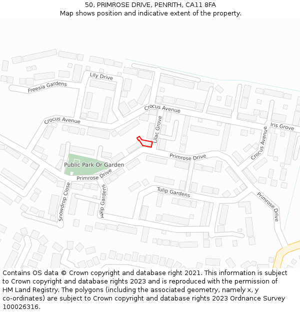 50, PRIMROSE DRIVE, PENRITH, CA11 8FA: Location map and indicative extent of plot