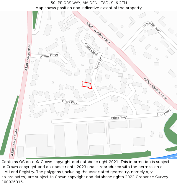 50, PRIORS WAY, MAIDENHEAD, SL6 2EN: Location map and indicative extent of plot