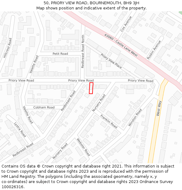 50, PRIORY VIEW ROAD, BOURNEMOUTH, BH9 3JH: Location map and indicative extent of plot