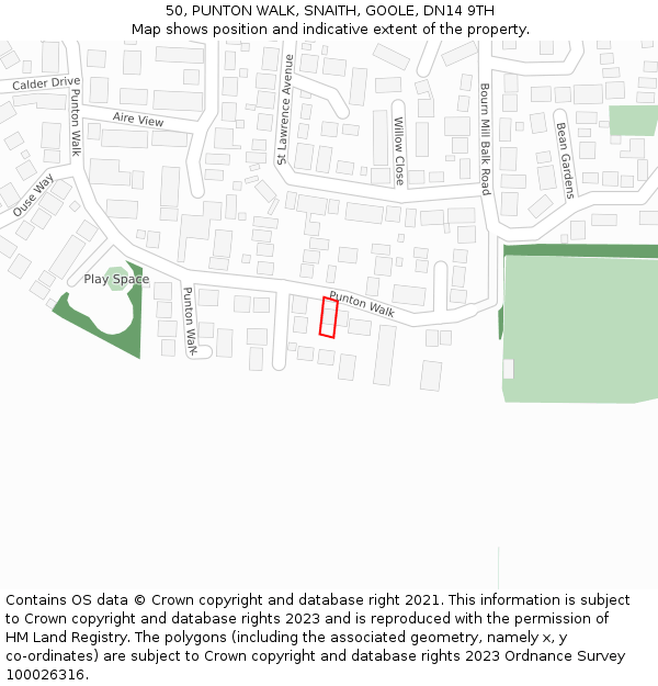 50, PUNTON WALK, SNAITH, GOOLE, DN14 9TH: Location map and indicative extent of plot