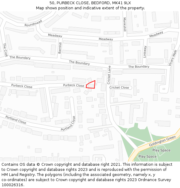 50, PURBECK CLOSE, BEDFORD, MK41 9LX: Location map and indicative extent of plot