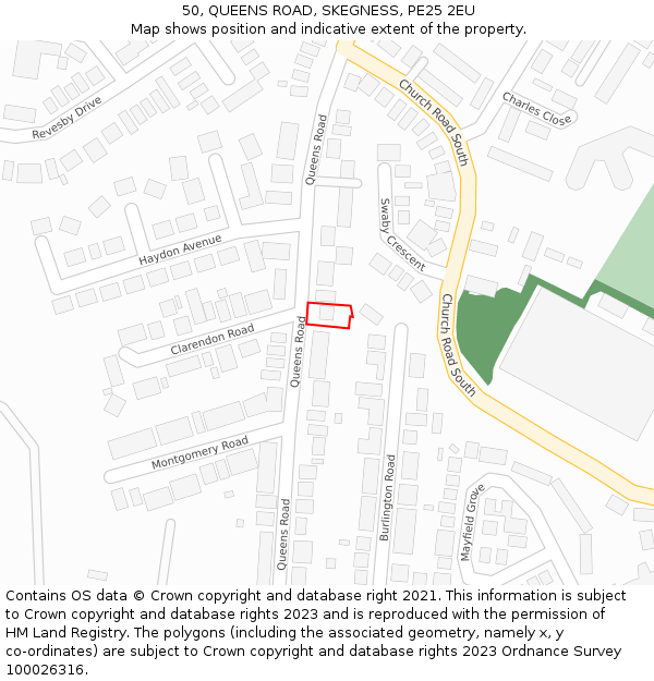 50, QUEENS ROAD, SKEGNESS, PE25 2EU: Location map and indicative extent of plot