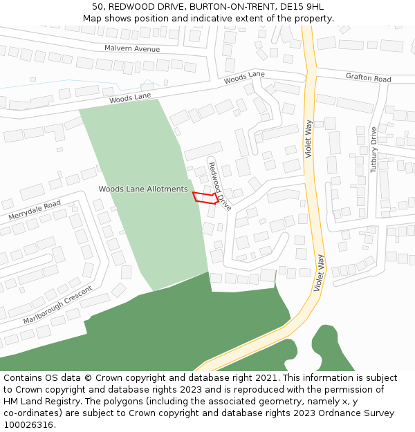 50, REDWOOD DRIVE, BURTON-ON-TRENT, DE15 9HL: Location map and indicative extent of plot