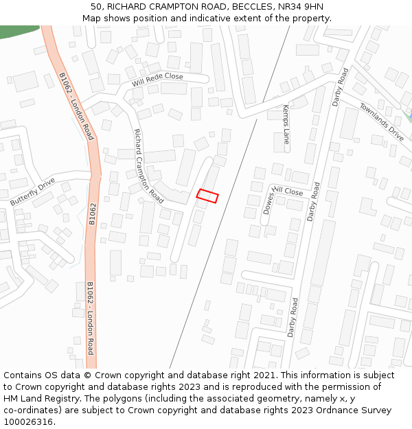 50, RICHARD CRAMPTON ROAD, BECCLES, NR34 9HN: Location map and indicative extent of plot