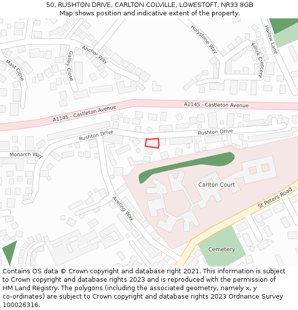 50, RUSHTON DRIVE, CARLTON COLVILLE, LOWESTOFT, NR33 8GB: Location map and indicative extent of plot