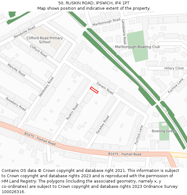 50, RUSKIN ROAD, IPSWICH, IP4 1PT: Location map and indicative extent of plot