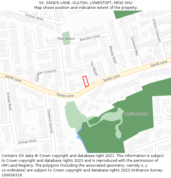 50, SANDS LANE, OULTON, LOWESTOFT, NR32 3HU: Location map and indicative extent of plot