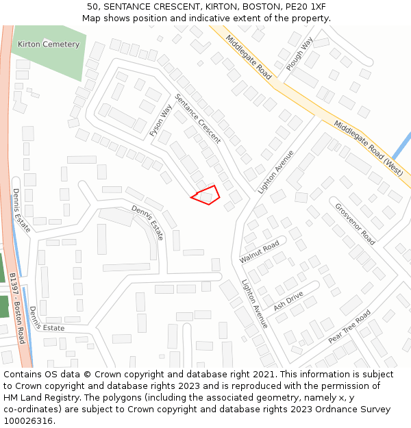 50, SENTANCE CRESCENT, KIRTON, BOSTON, PE20 1XF: Location map and indicative extent of plot