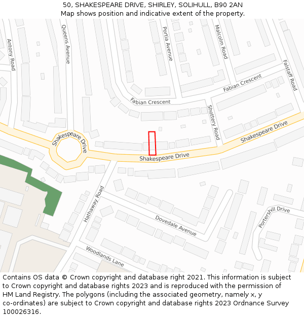 50, SHAKESPEARE DRIVE, SHIRLEY, SOLIHULL, B90 2AN: Location map and indicative extent of plot