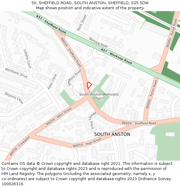 50, SHEFFIELD ROAD, SOUTH ANSTON, SHEFFIELD, S25 5DW: Location map and indicative extent of plot
